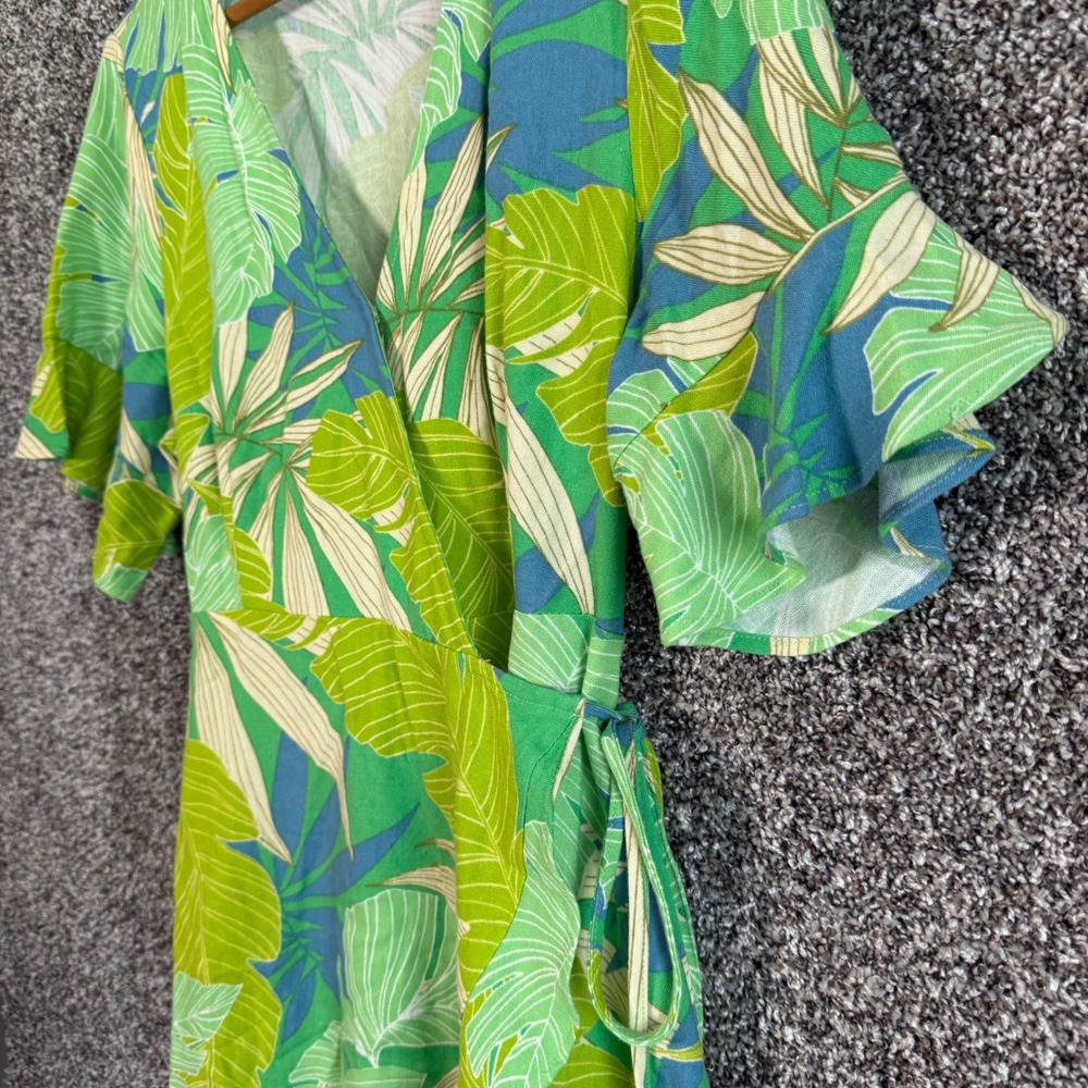 En Creme Tropical Palm Wrap Dress Green Blue Linen Large Mini Wedding Guest - Picture 3 of 12
